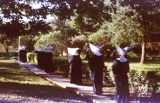 Nuns walking down a garden path.